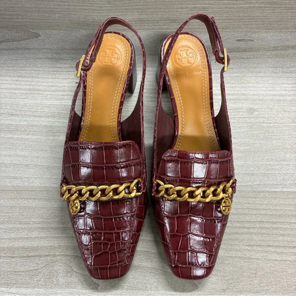 Tory Burch Mini Benton Charm Slingback Loafers, Burgundy Crocodile Embossed Sz 6